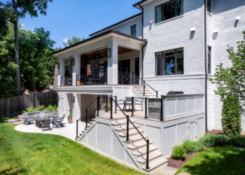 Full exterior view of the covered porch outdoor kitchen terrace and canopy retreat