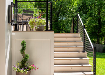 Portrait view of the patio stairs and cable-railed terrace