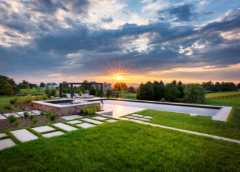 Modern Farmhouse pool and spa at sunset