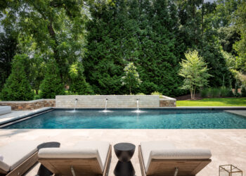 Modern Rustic Retreat pool patio and water feature
