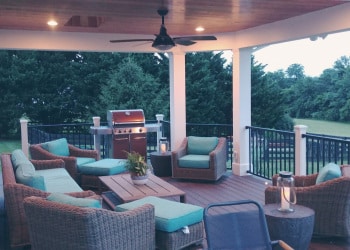 Covered deck with outdoor grilling and dining space.