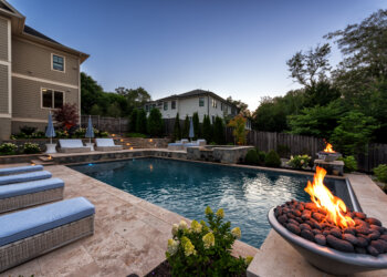 Twilight pool view from the elevated dining deck