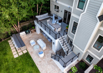Multi-level outdoor living terrace with pool and integrated kitchen
